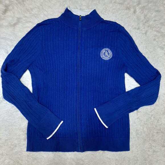 LRL Lauren Women's Blue Active Cable Knit Mock Neck Full Zip Cardigan Sweater Si - Picture 2 of 8